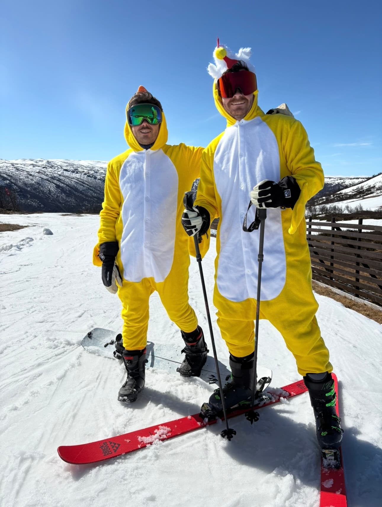 Joachim og en kompis iført påskekyllingdrakter på slalomski på fjellet